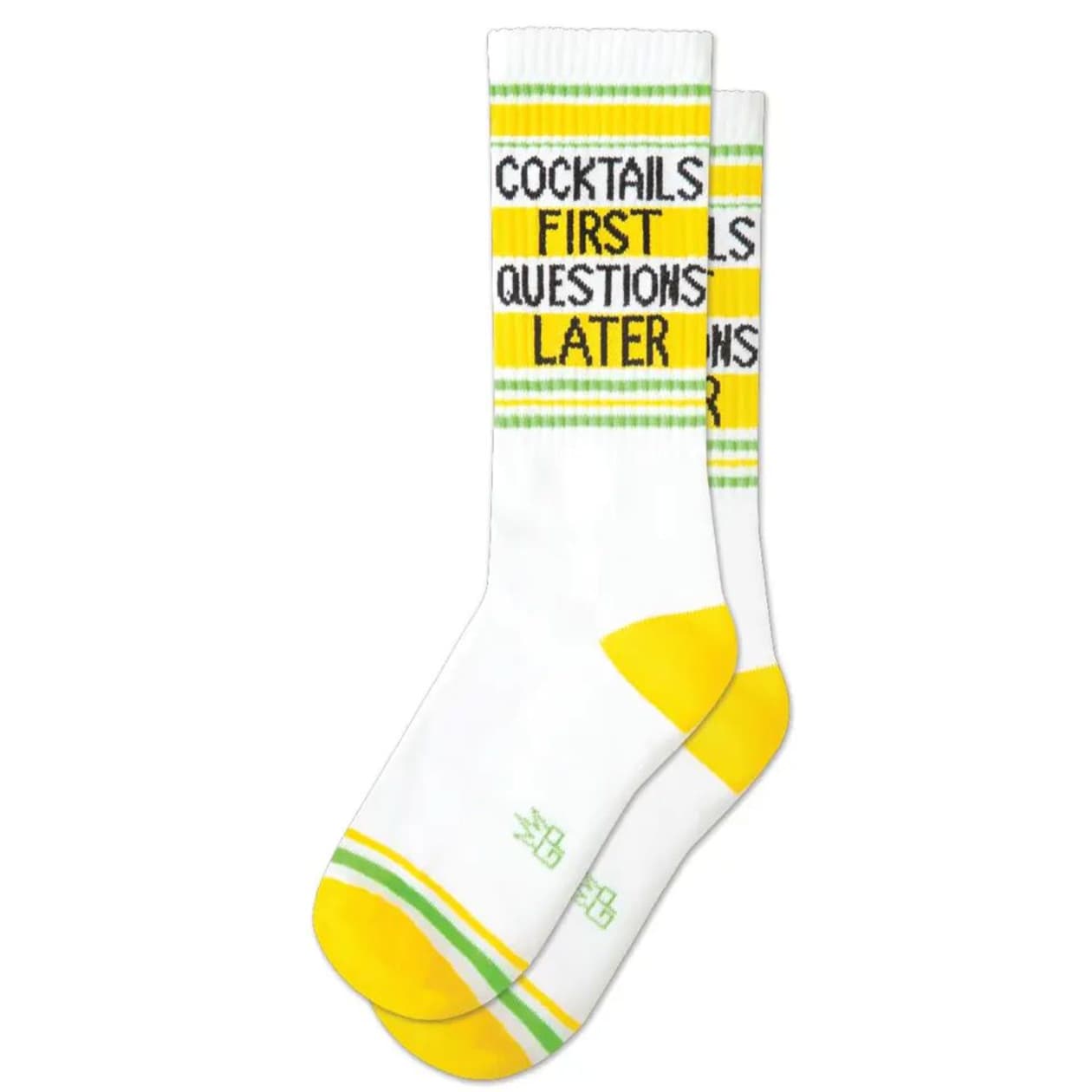 Cocktails First Questions Later Gym Crew Socks | Bleach White Funny Cotton Socks | Unisex