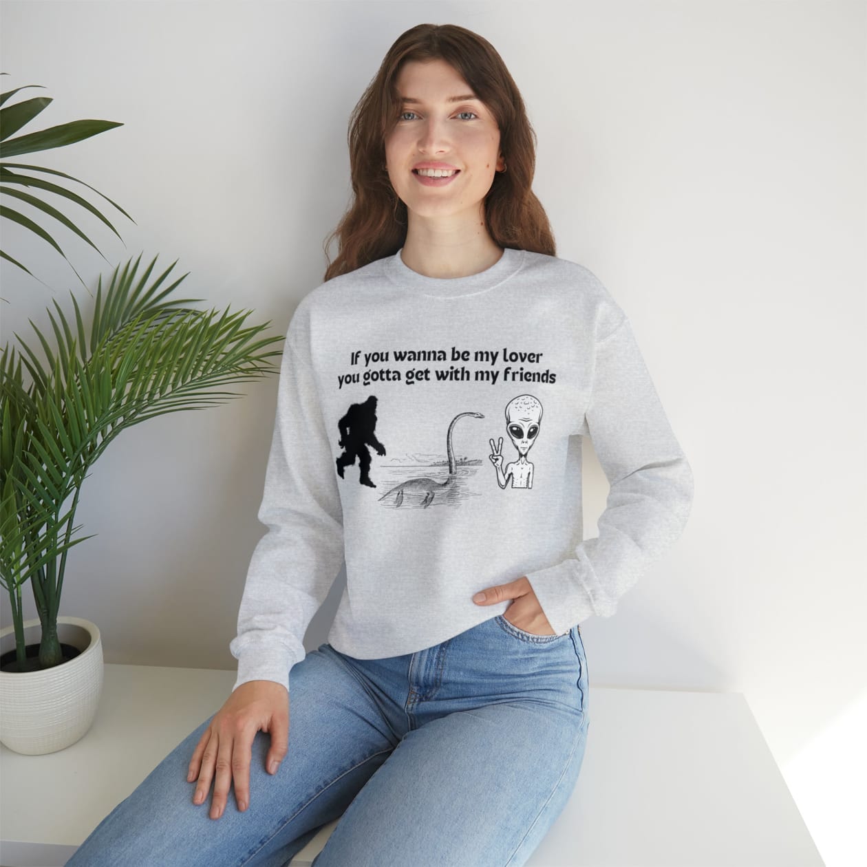 If You Wanna Be My Lover Bigfoot Loch Ness Alien Unisex Heavy Blend™ Crewneck Sweatshirt  Sizes SM-5XL | Plus Size Available - Color: Ash, Size: S