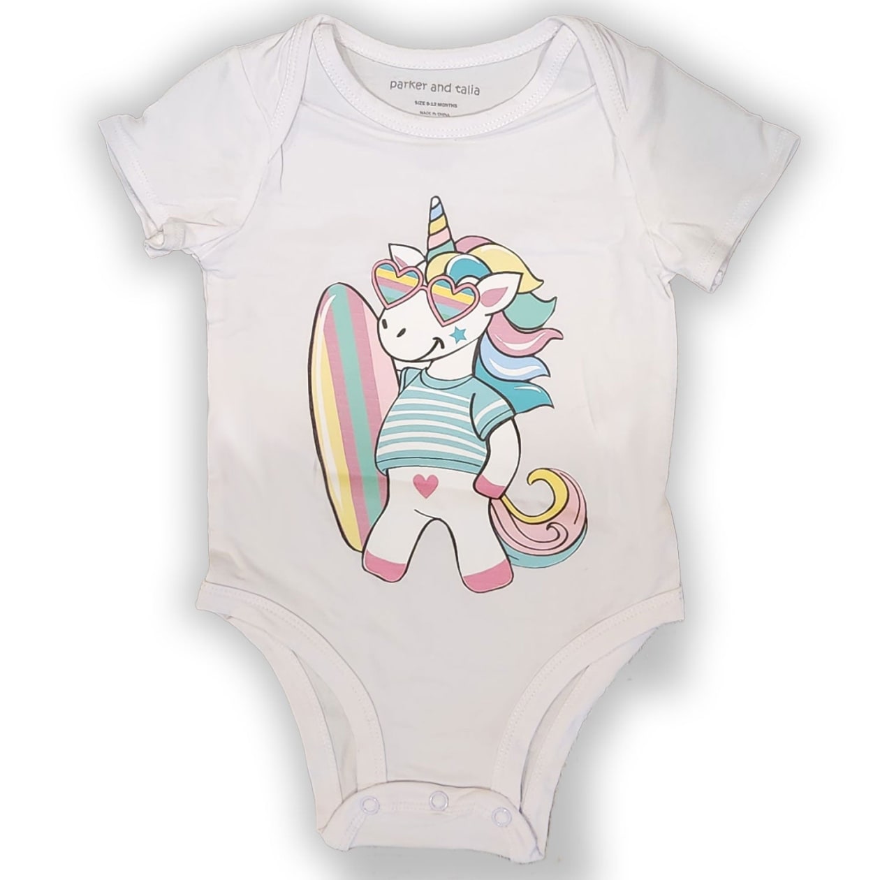 The Everyday Graphic Baby Onesie: Surfing Unicorn - Size: 6-9 months