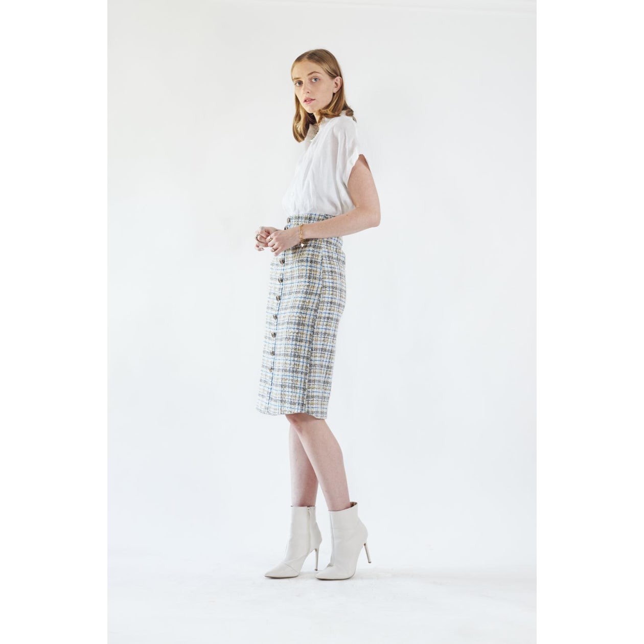 Luxe Plaid Tweed Pencil Skirt