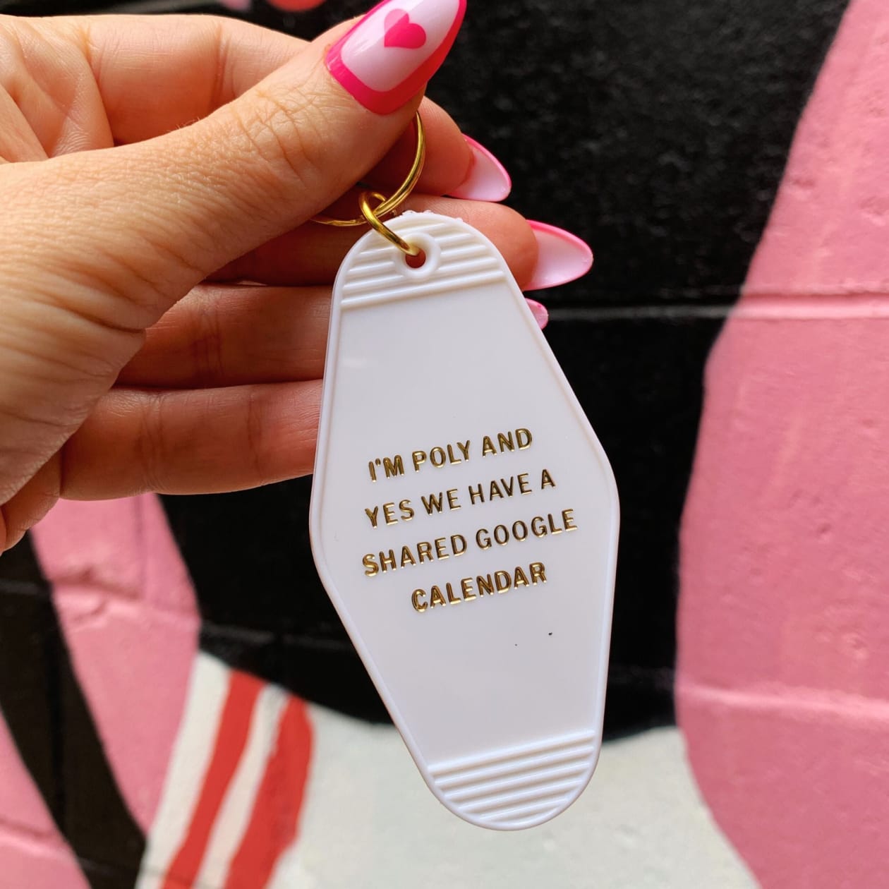 I'm Poly and Yes We Have a Shared Google Calendar Motel Style Keychain in White and Gold | Polyamory Themed Funny Key Tag