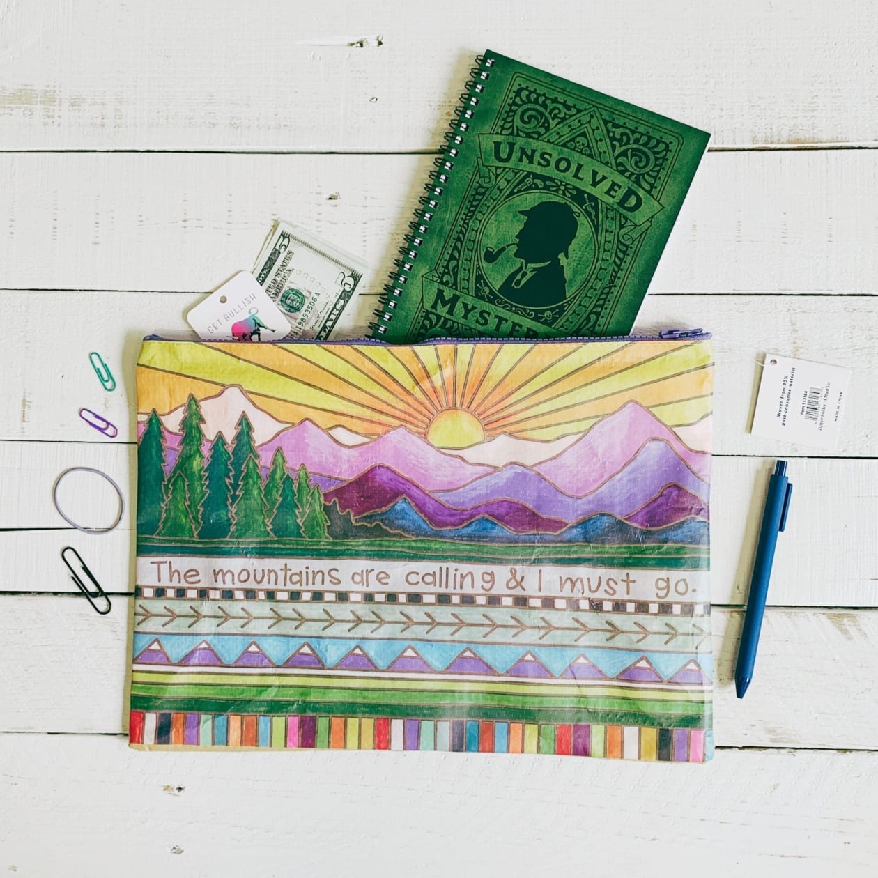 Jumbo Pouch Mountains Are Calling I Must Go Zipper Folder |  Recycled Material Pouch | 14.25" x 10"