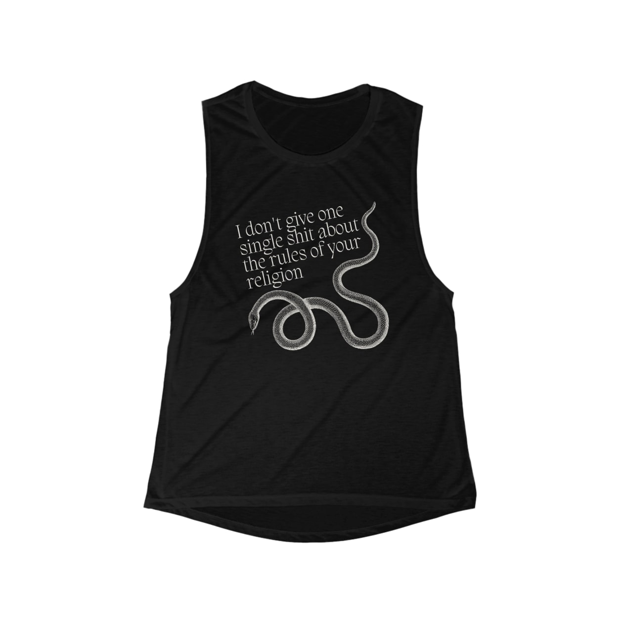 I Don't Give One Single Sh*t About the Rules of Your Religion Women's Flowy Scoop Muscle Tank in Snake Motif - Color: Black, Size: S