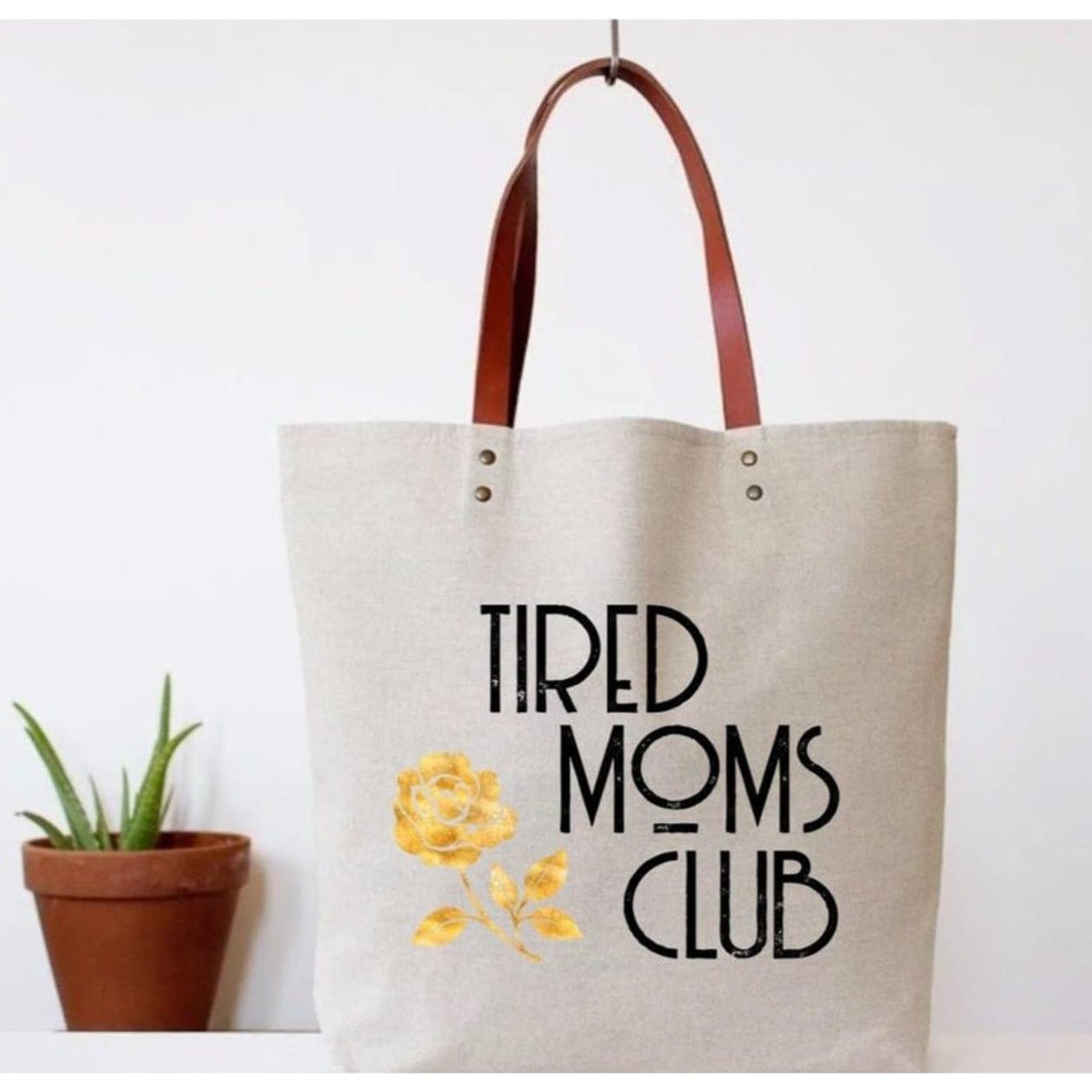 Fun Club Tired Moms Club Canvas Tote Bag | Vegan Leather Handles