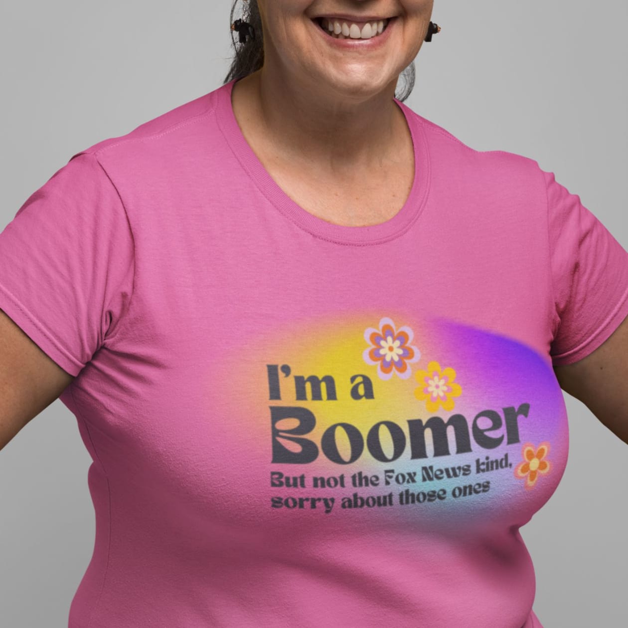 I'm A Boomer But Not the Fox News Kind Women's Midweight Cotton Tee - Color: Azalea, Size: S