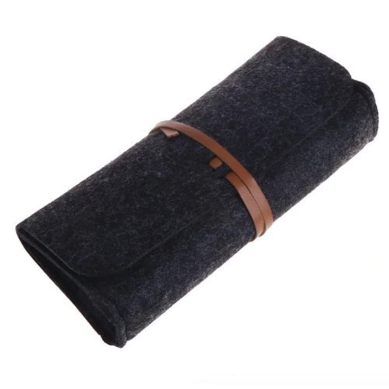 Felted Fabric Sunglasses Case in Black with Faux Leather Wrap Tie