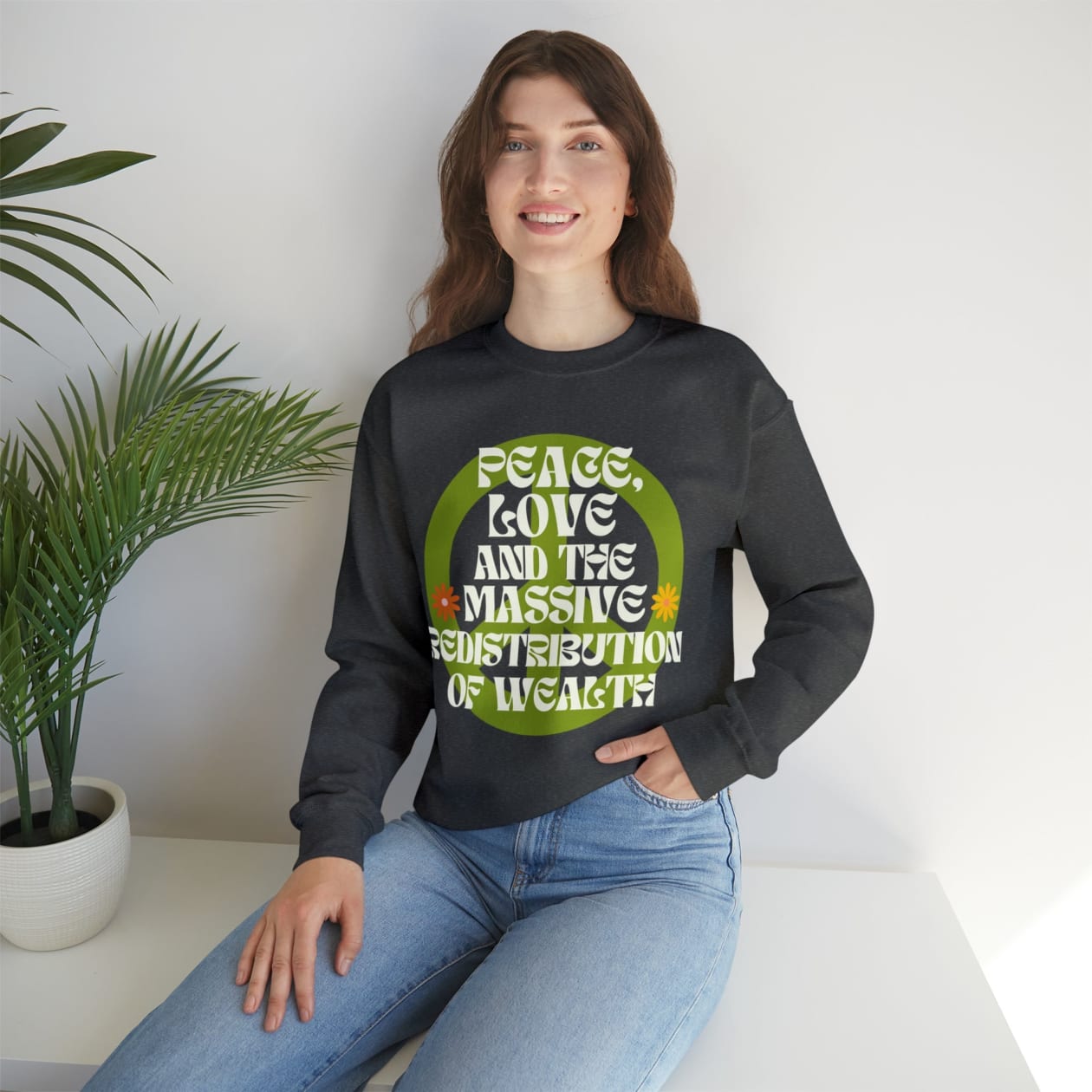 Peace, Love, and the Massive Redistribution of Wealth Unisex Heavy Blend™ Crewneck Sweatshirt Sizes SM-5XL | Plus Size Available - Color: Dark Heather, Size: S