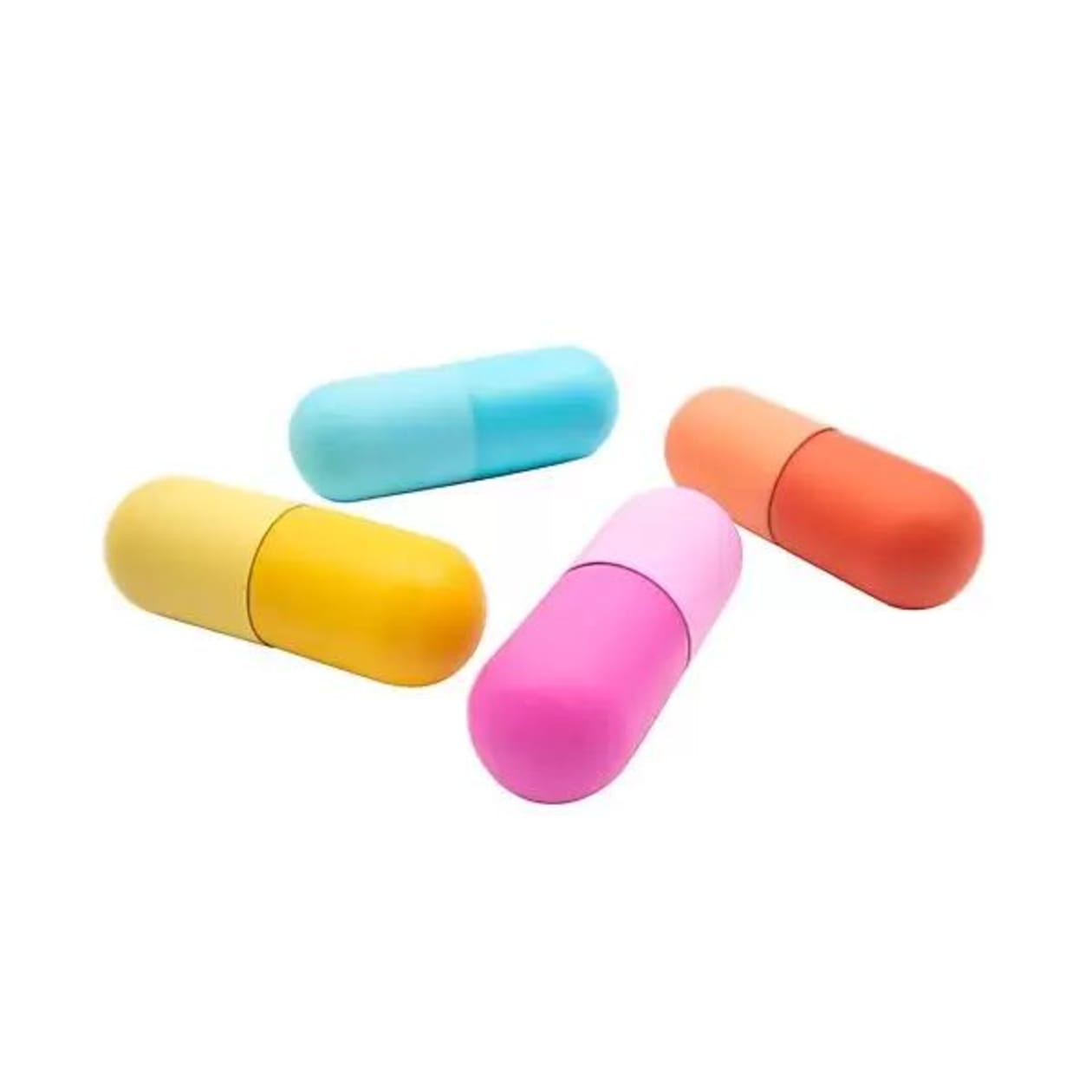 Pill-Shaped Pill Box in Bright Pastels | Aluminum Tin Container for Pills | 3/4" Diam. x 2-1/2" Tall - Color: Mini - Set of 4 (Blue Orange Pink and Yellow Gradient)