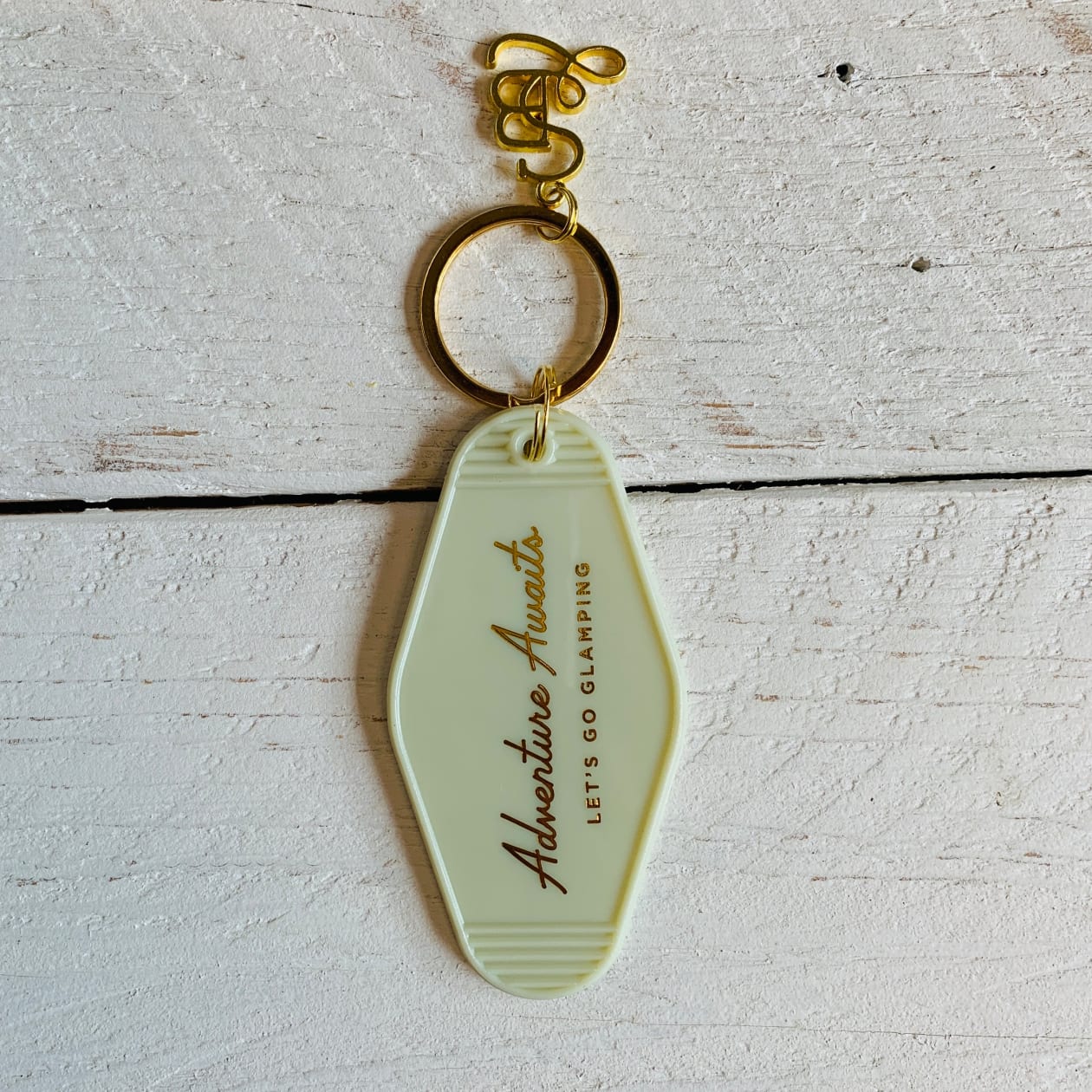 Adventure Awaits Let's Go Glamping Motel Style Keychain in Light Green with Gold Hardware