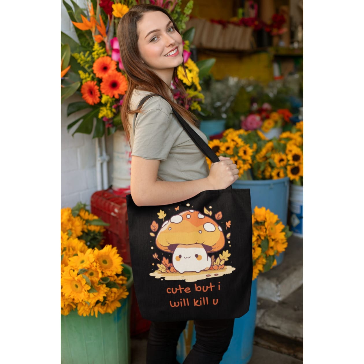 Cute But I Will Kill U Mushroom Tote Bag in Black | 16" x 16"