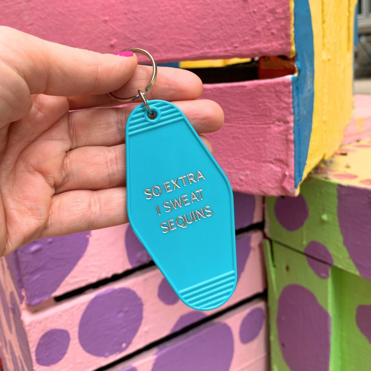 So Extra I Sweat Sequins Motel Style Keychain in Aqua