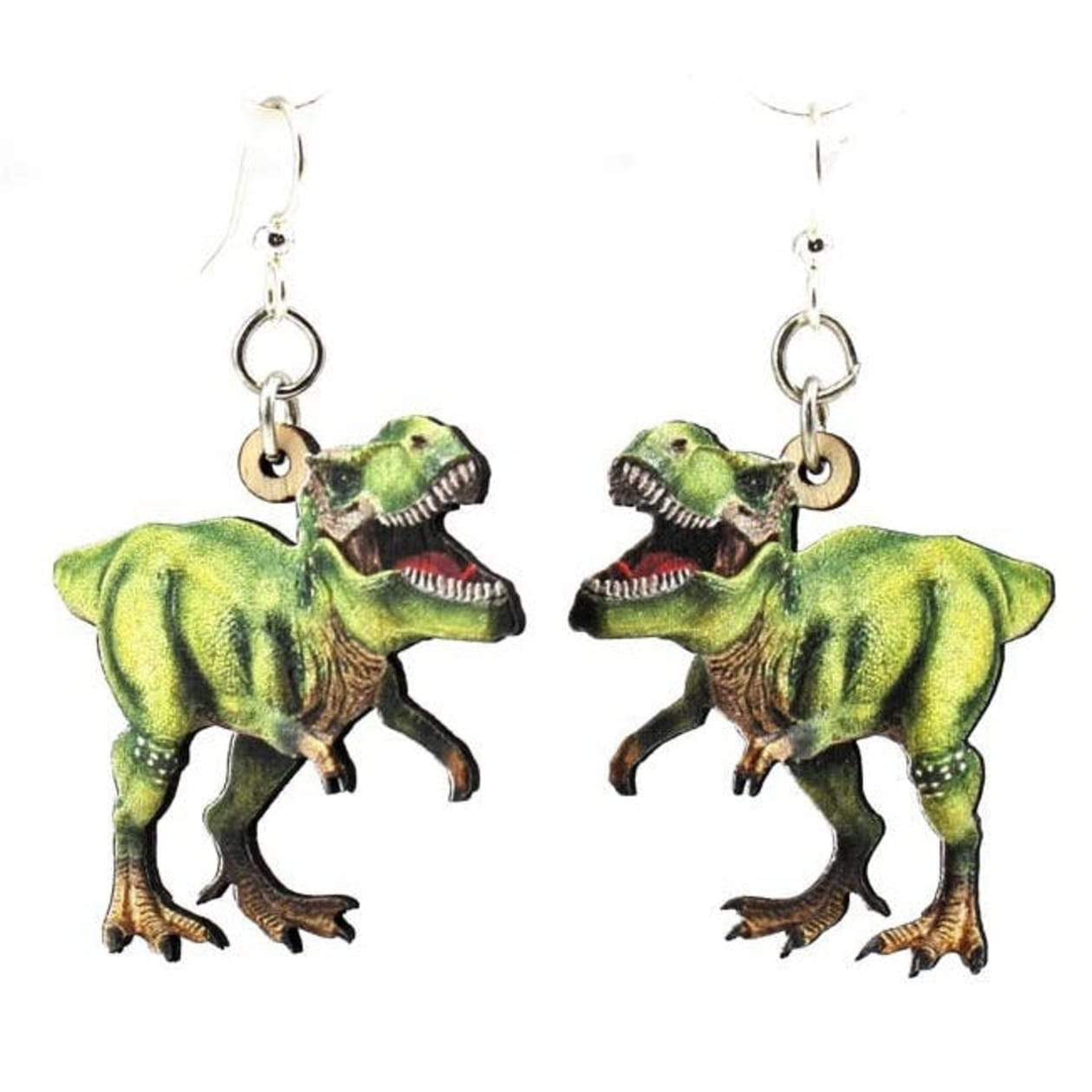 T-Rex Silver Finish Hook Earrings | Lightweight Laser Cut Wood with Hypoallergenic Ear Wires | Handmade in USA