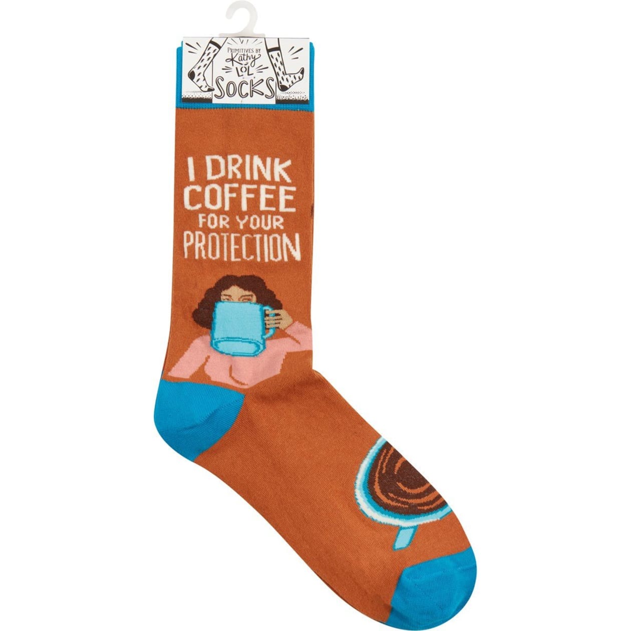 I Drink Coffee For Your Protection Funny Socks in Aqua Blue and Brown | Unisex