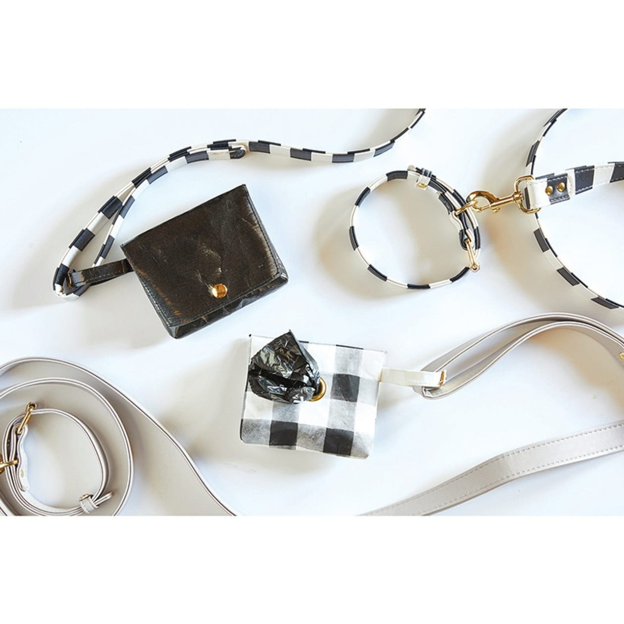 Dog Collar and Leash in Cabana Black and White Stripes | Faux Saffiano Leather