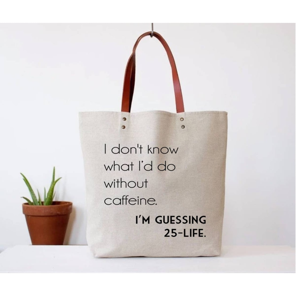 Fun Club I Don't Know What I'd Do Without Caffeine Canvas Tote Bag | Vegan Leather Handles