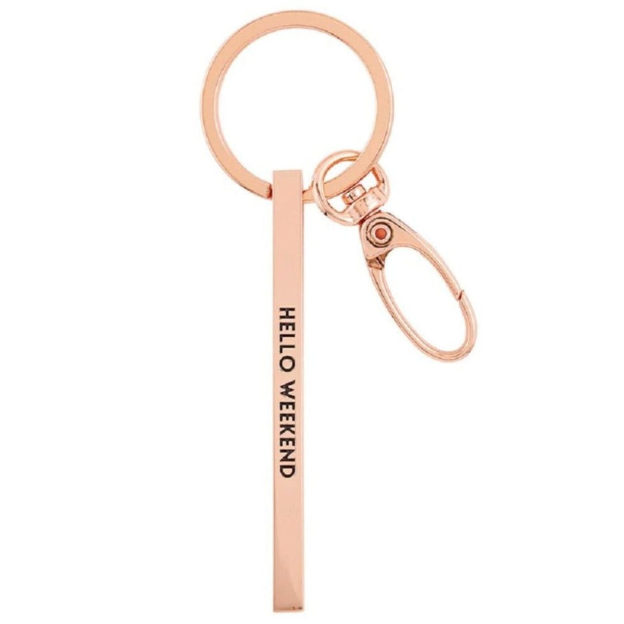 Hello Weekend Stamped Bar Keychain in Rose Gold | Minimalist Metal Quote Keychain