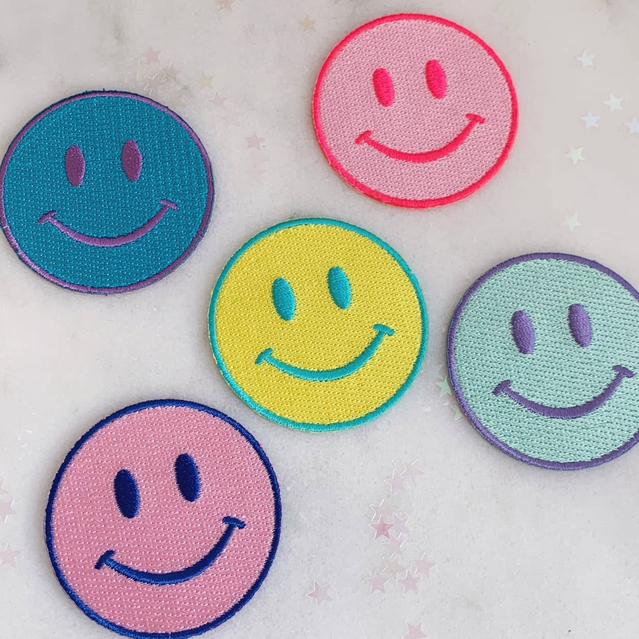 Smiley Face Patch in Pink-Neon Pink, Mint or Yellow | Fully Embroidered 80's Smiley Icon