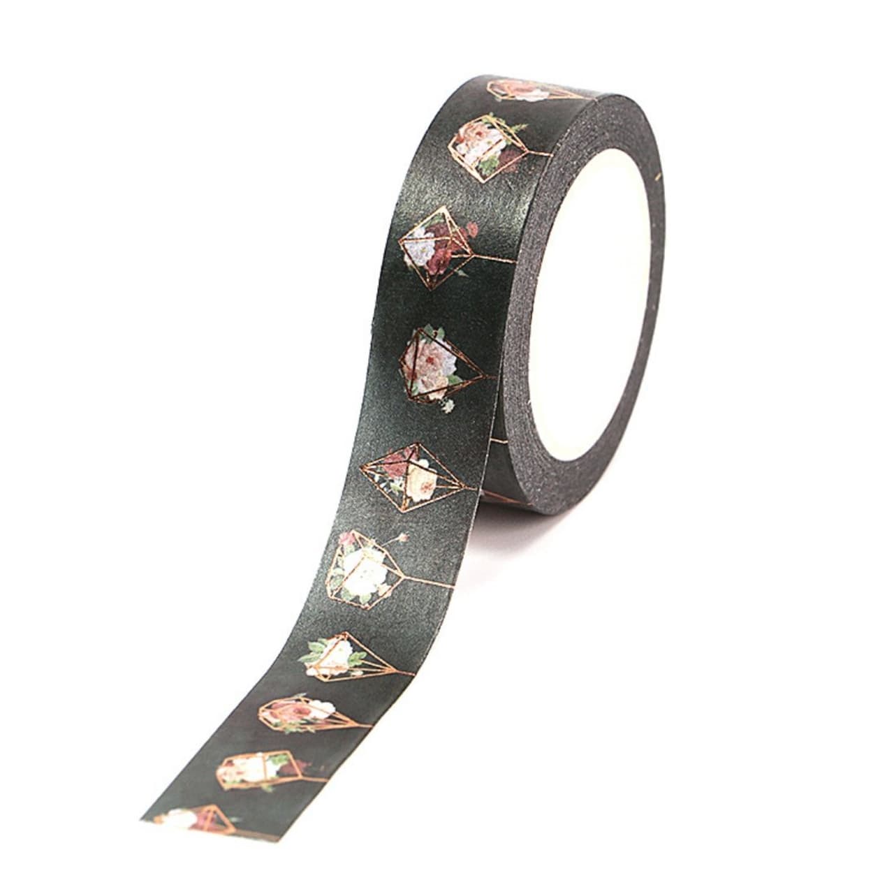 Black Geo Flowers Washi Tape with Rose Gold Accents | Gift Wrapping and Craft Tape