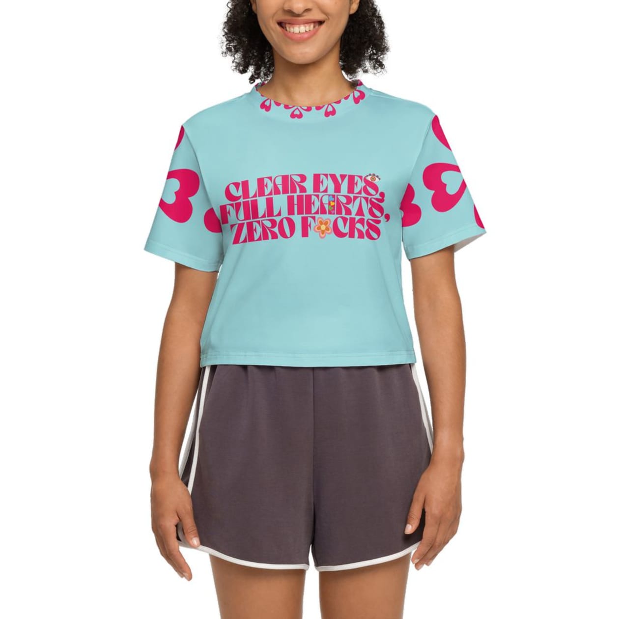 Clear Eyes Full Hearts Zero Fucks Women’s Short Sleeve Cropped T-Shirt in Crystal Blue