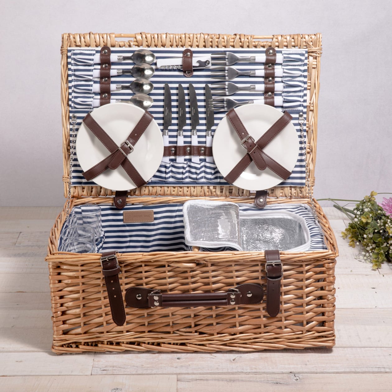 Belmont Picnic Basket - Color: Navy Blue & White Stripe