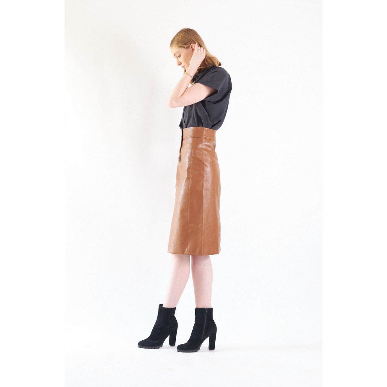 Glossy Brown Vegan Leather Pencil Skirt