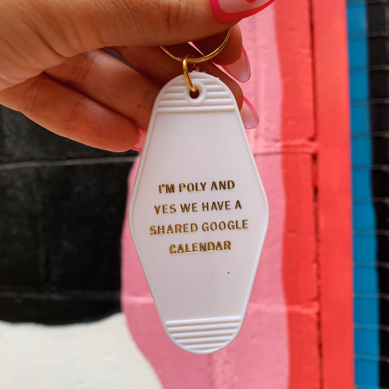 I'm Poly and Yes We Have a Shared Google Calendar Motel Style Keychain in White and Gold | Polyamory Themed Funny Key Tag