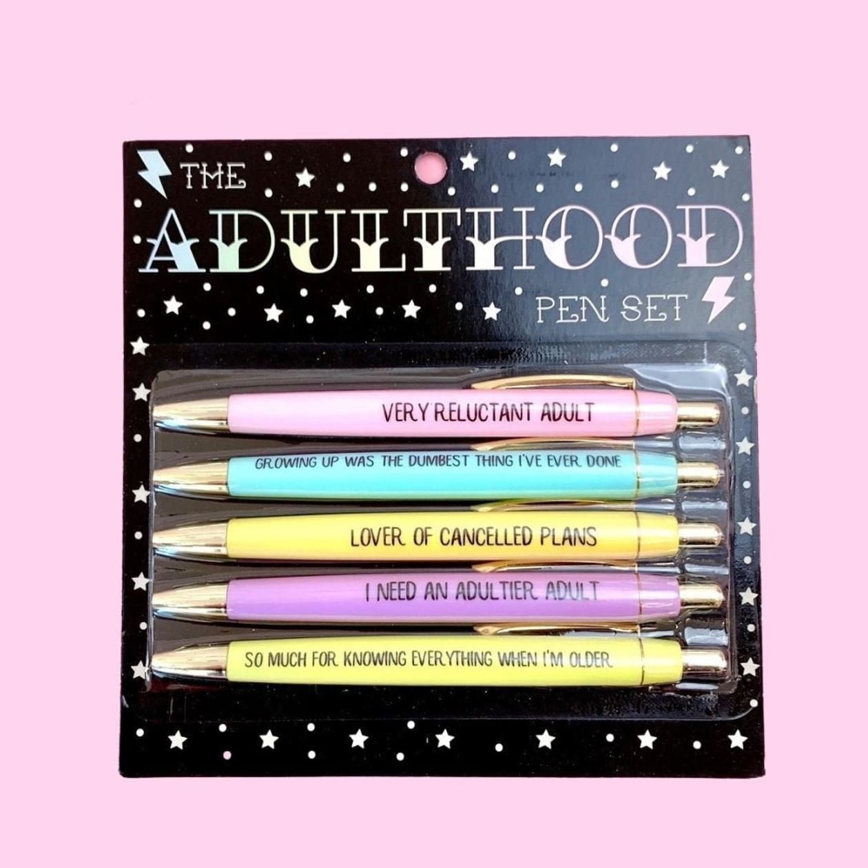 Fun Club Adulthood Pen Set In Pastels | 5 Ballpoint Pens on Gift Card