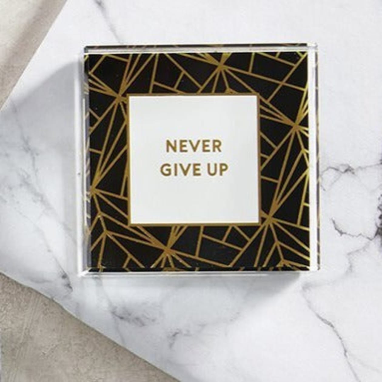 Never Give Up 3"x3" Paperweight | Black Geometric Pattern