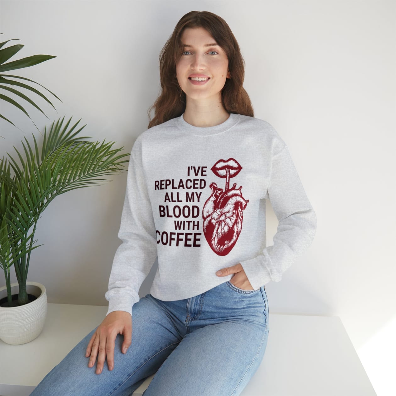 I've Replaced All My Blood With Coffee Unisex Heavy Blend™ Crewneck Sweatshirt Sizes SM-5XL | Plus Size Available - Color: Ash, Size: S