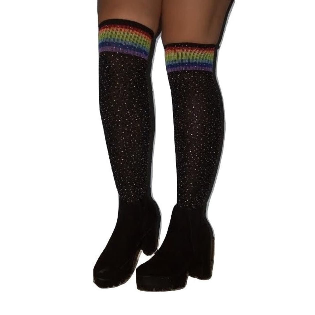 Over the Knee Jeweled Rainbow Glam Disco Socks (Black or White Rainbow)