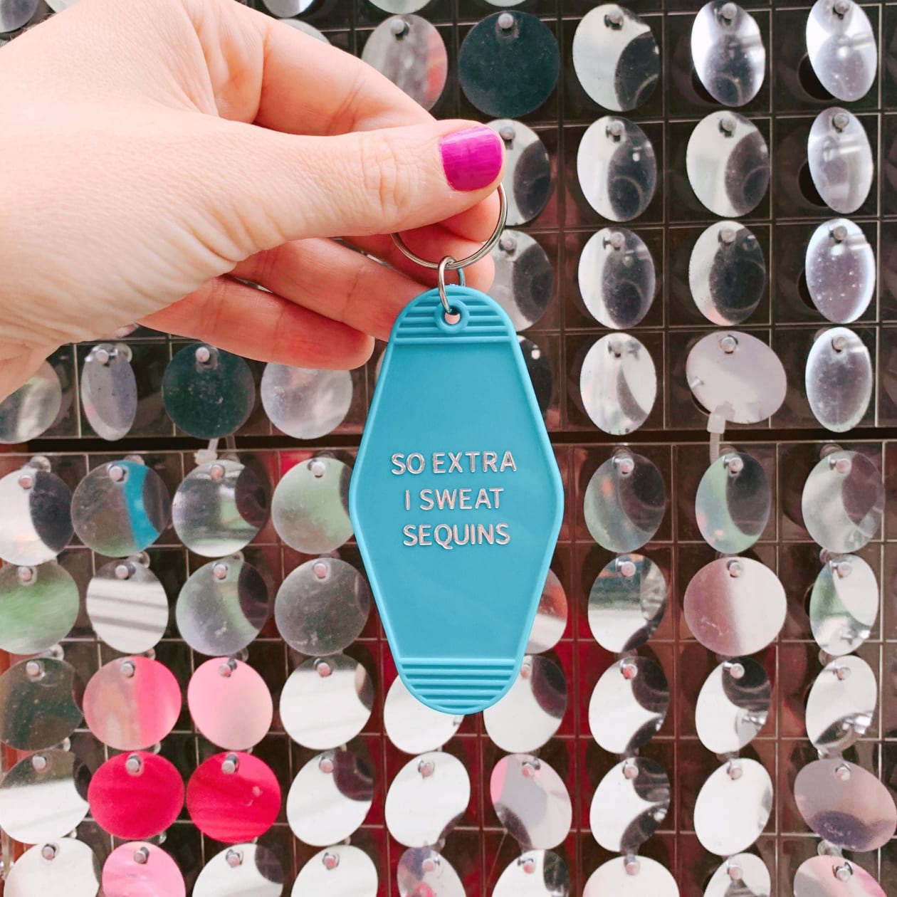 So Extra I Sweat Sequins Motel Style Keychain in Aqua