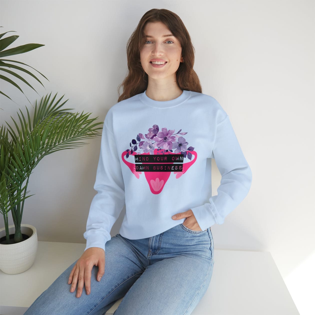 Mind Your Own Damn Business Flower Uterus Pro-Choice Unisex Heavy Blend™ Crewneck Sweatshirt - Color: Light Blue, Size: S