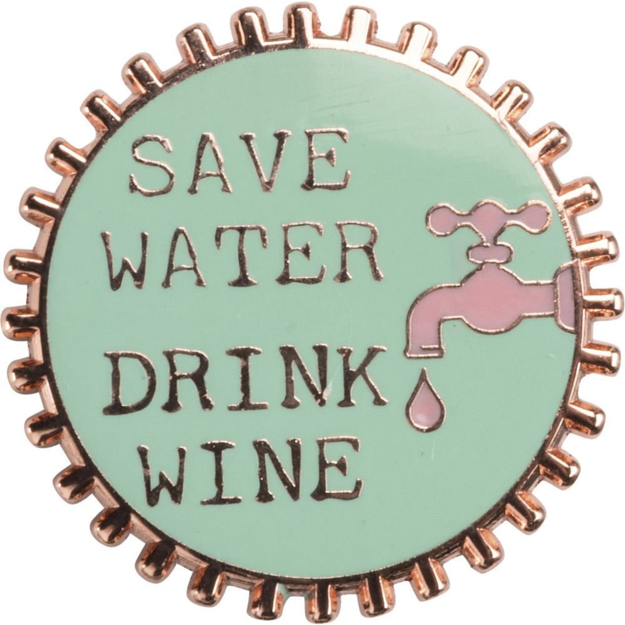 Save Water Drink Wine Pink and Green Enamel Pin on Gift Card