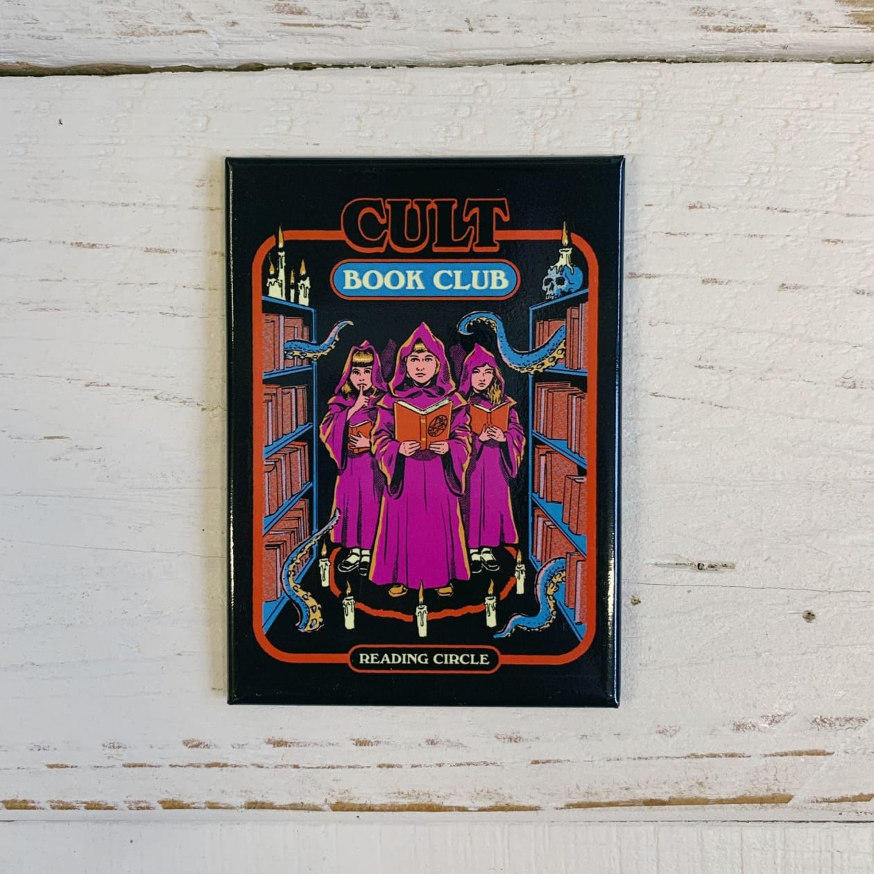 CULT Book Club….Reading Circle Rectangular Fridge Magnet | '80s Children's Book Style Satirical Art by Steven Rhodes