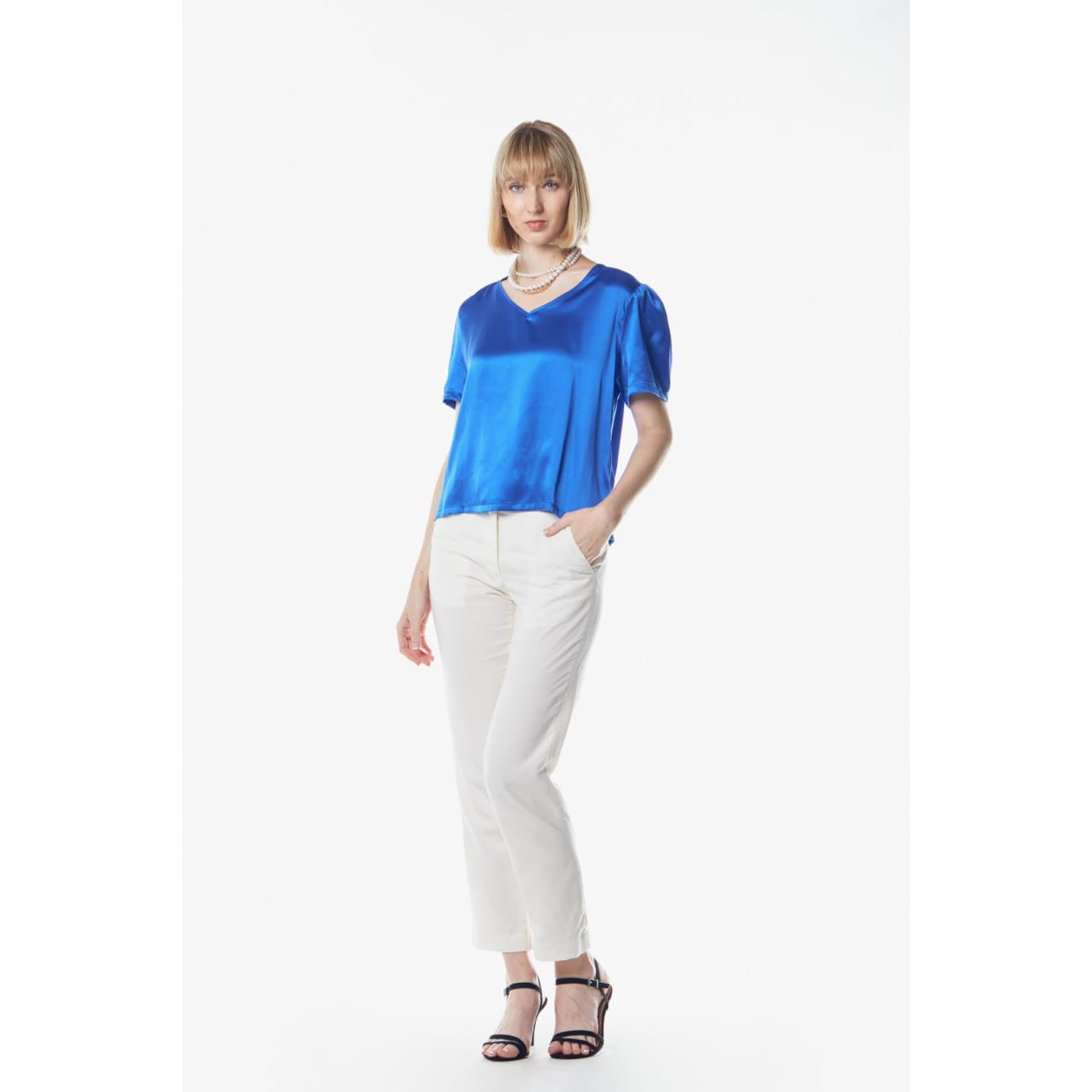 Shining V-Neck Blouse in Blue