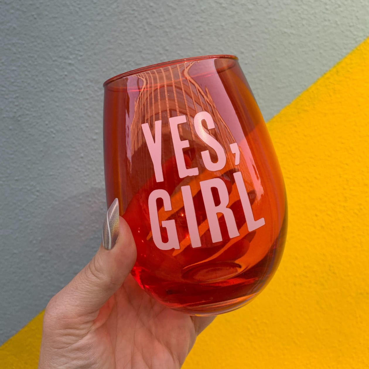 Yes, Girl Stemless Wine Glass in Red and Pink | 20 Oz.