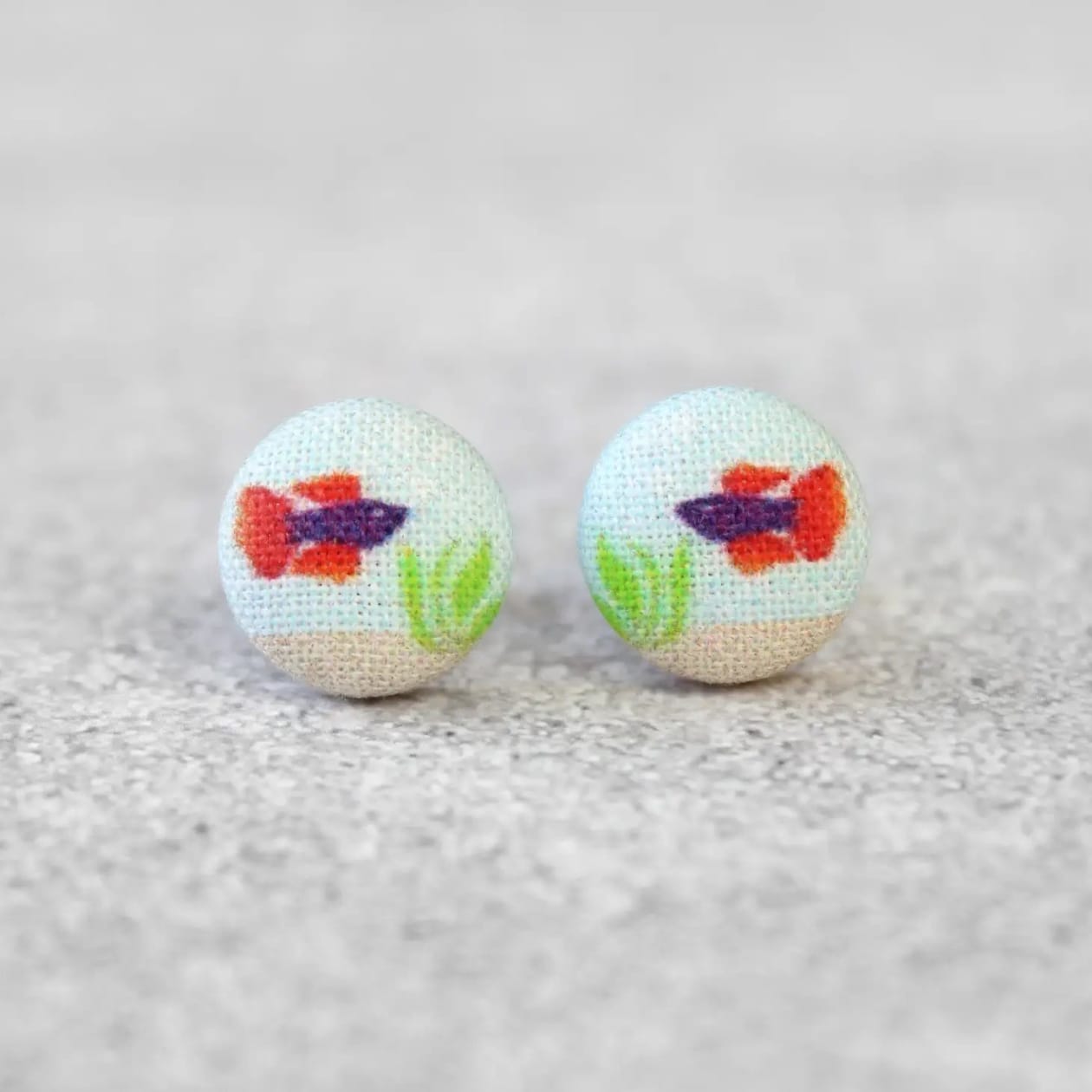 Purple & Orange Beta Fish Fabric Button Earrings | Handmade in the US