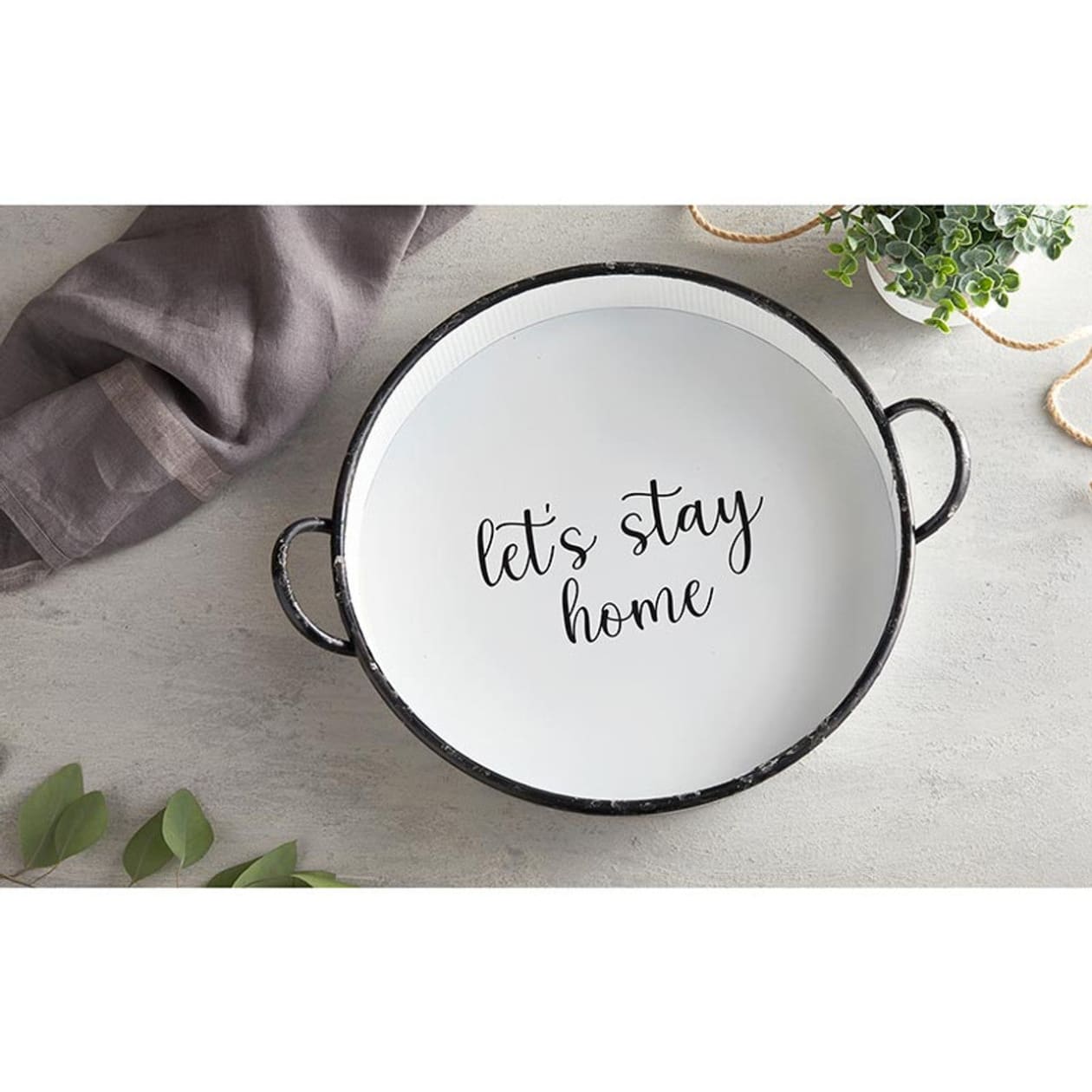 Let's Stay Home Serving Round Tray | Stylish Metal Tray | 16" x 2"