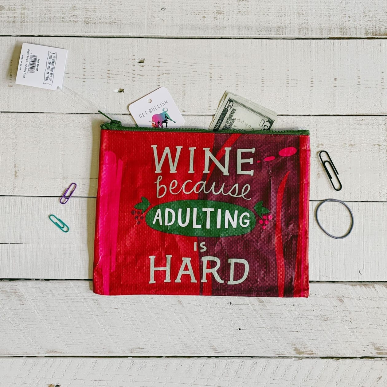 Wine Because Adulting Is Hard Zipper Pouch 9.5" x 7"