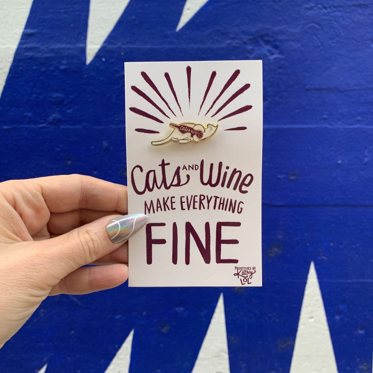 Cats and Wine Make Everything Fine Enamel Pin in Purplish Red and Gold