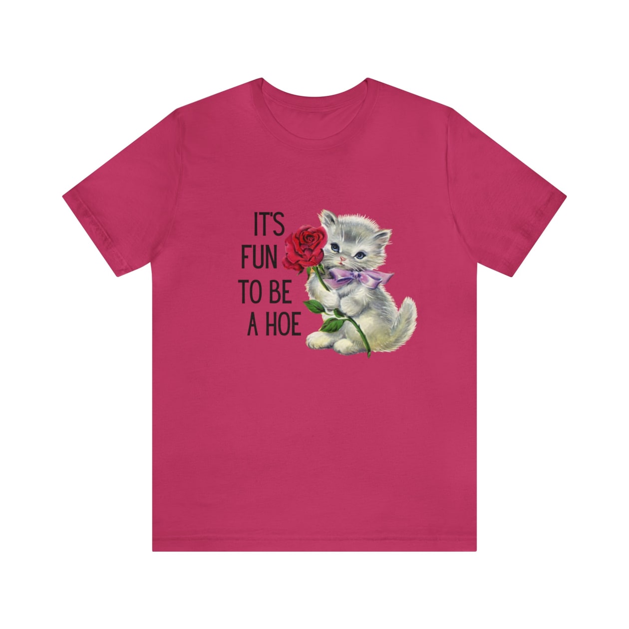 It's Fun to be a Hoe Jersey Short Sleeve Tee [Multiple Color Options] with Kitten Motif - Color: Berry, Size: S