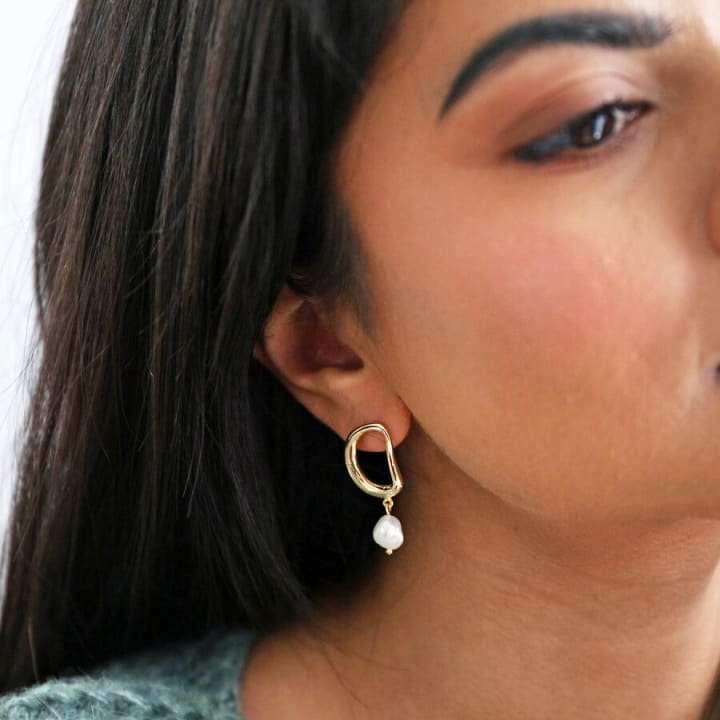 Organic Circle Pearl Drop Earrings in Gold | Designed in the UK | Gold Plated Brass