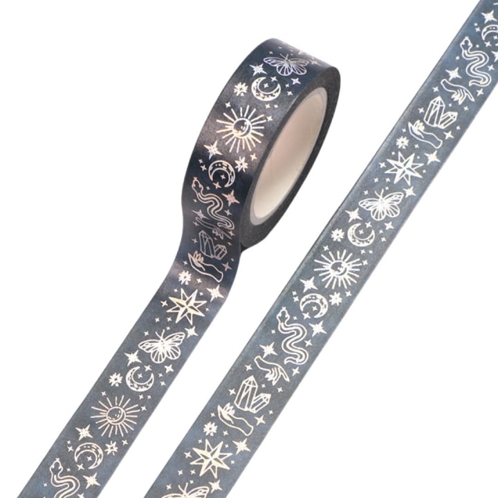 Silver Snake Washi Tape | Snake and Crystal Motif on Black | Gift Wrapping and Craft Tape