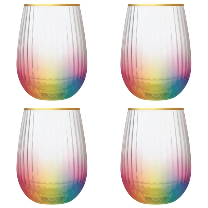 Set of 4 Rainbow Beveled Stemless Wine Glass | 19 oz.