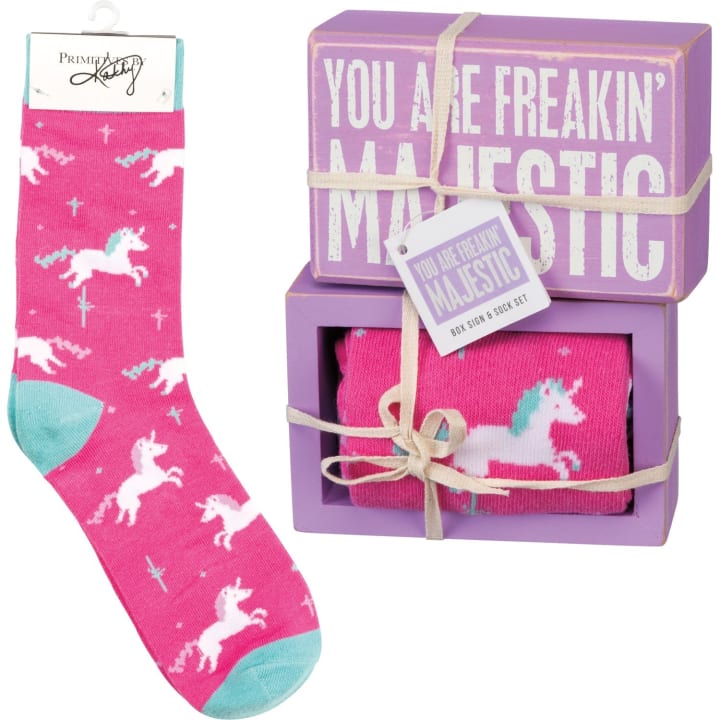 You Are Freakin' Majestic Unicorn Box Sign And Socks Giftable Set | Gift for Her