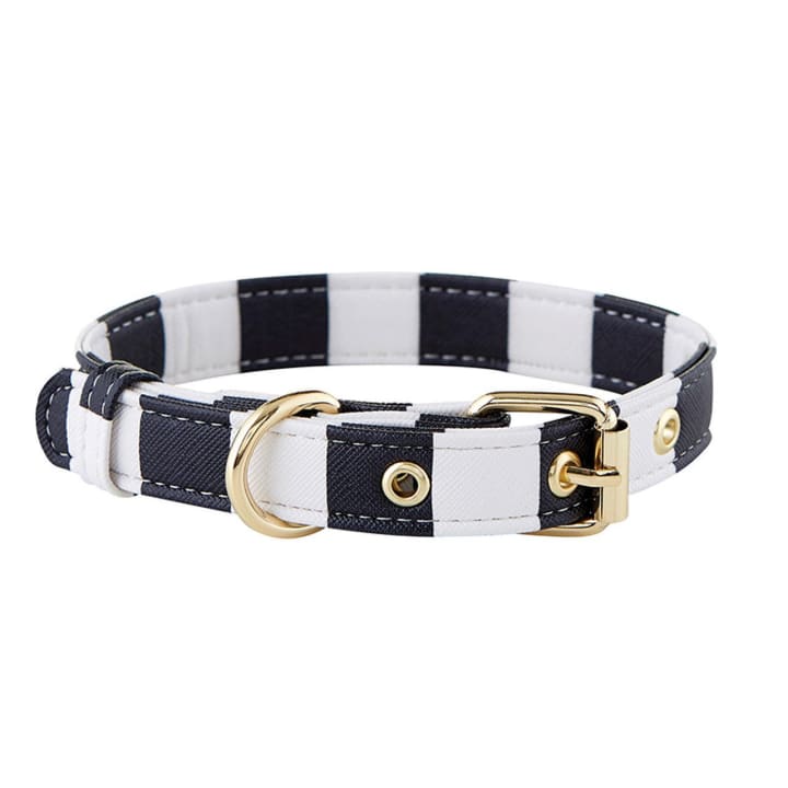 Dog Collar in Cabana Black and White Stripes | 10" - 15" Neck | Faux Saffiano Leather