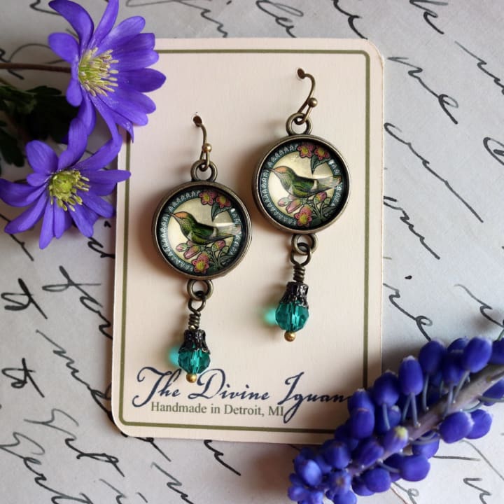 Hummingbird Inspired Vintage Glass Cabochon Earrings | Handmade in the US