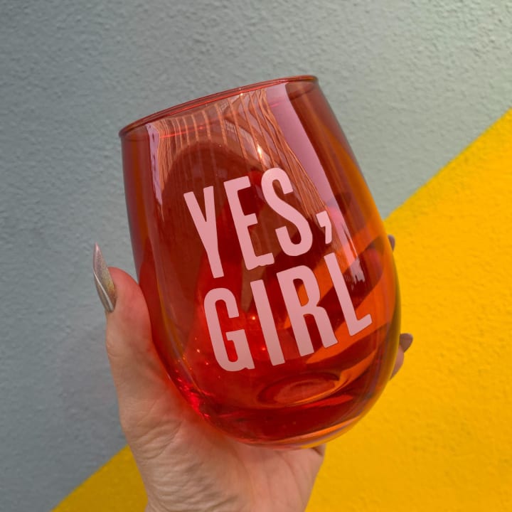 Yes, Girl Stemless Wine Glass in Red and Pink | 20 Oz.