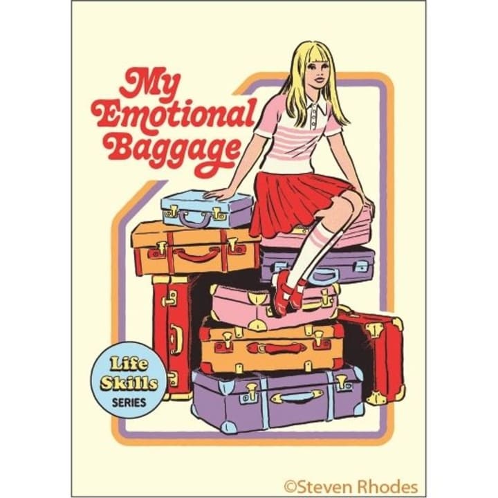 My Emotional Baggage Refrigerator Magnet | '80s Children's Book Style Satirical Art by Steven Rhodes