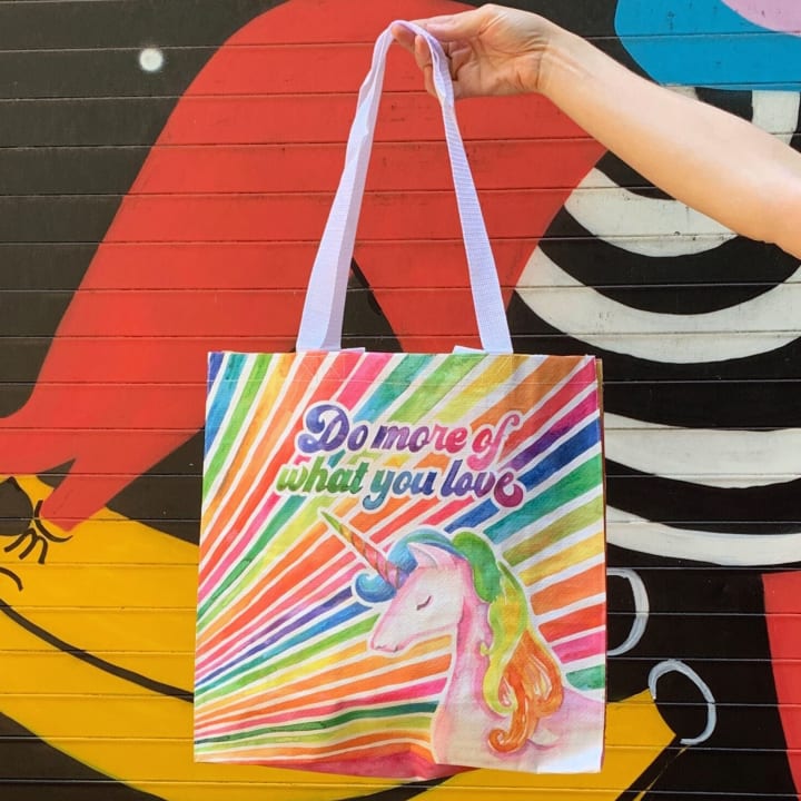 Do More Of What You Love Large Market Tote Bag in '70s-'80s Unicorn Rainbow Design | 15.50" x 15.25" x 6"